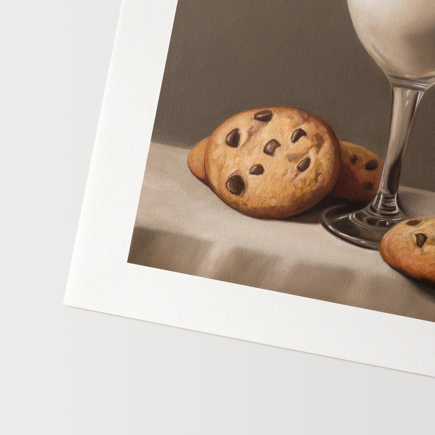 Fancy Milk & Cookies Fine Art Print by Lauren Pretorius: a stack of chocolate chip cookies and a fancy glass of milk in a wine glass.
