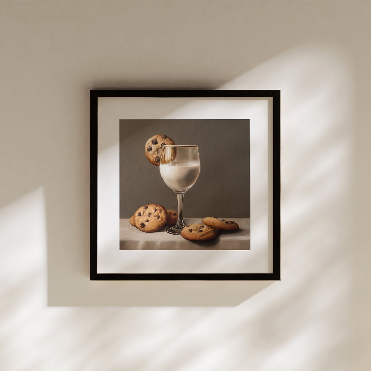 Fancy Milk & Cookies Fine Art Print by Lauren Pretorius: a stack of chocolate chip cookies and a fancy glass of milk in a wine glass.