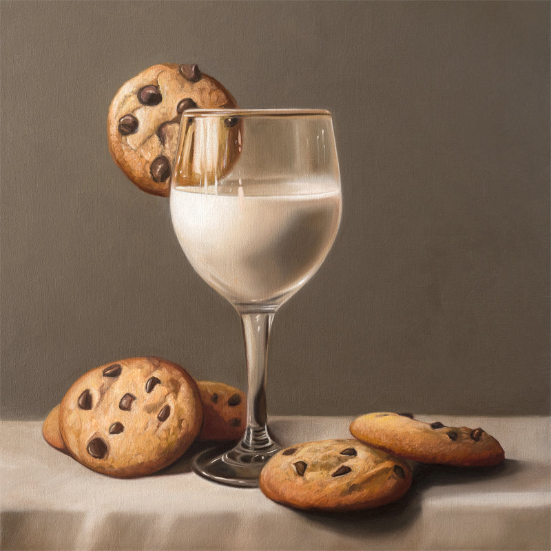 Fancy Milk & Cookies Fine Art Print by Lauren Pretorius: a stack of chocolate chip cookies and a fancy glass of milk in a wine glass.