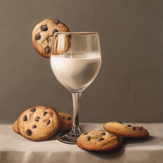 Fancy Milk & Cookies Fine Art Print by Lauren Pretorius: a stack of chocolate chip cookies and a fancy glass of milk in a wine glass.