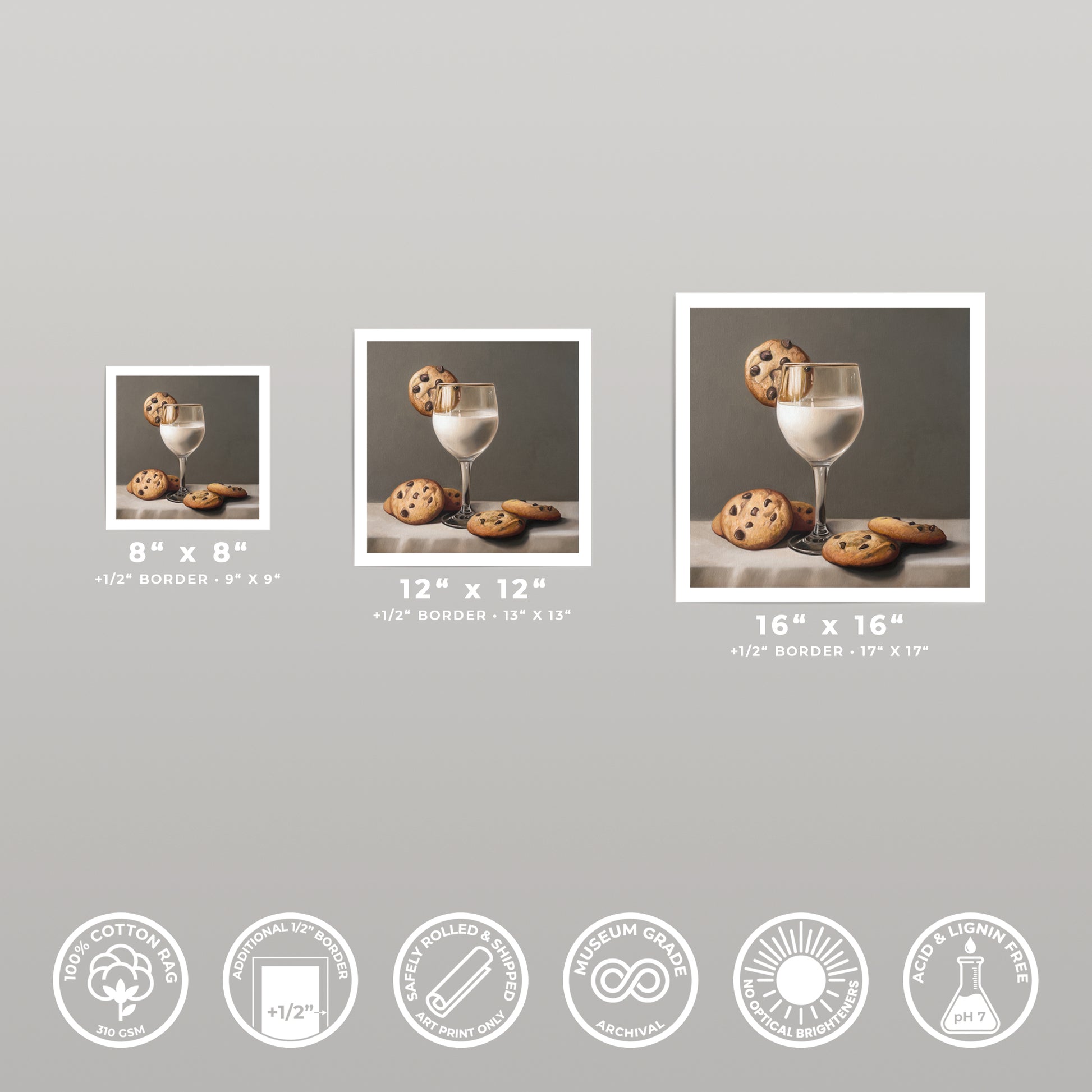 Three framed art prints of milk and cookies, showcasing different sizes and a white border.