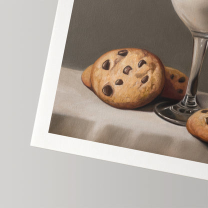 Fine art print of chocolate chip cookies and a glass of milk on museum-grade cotton rag paper.