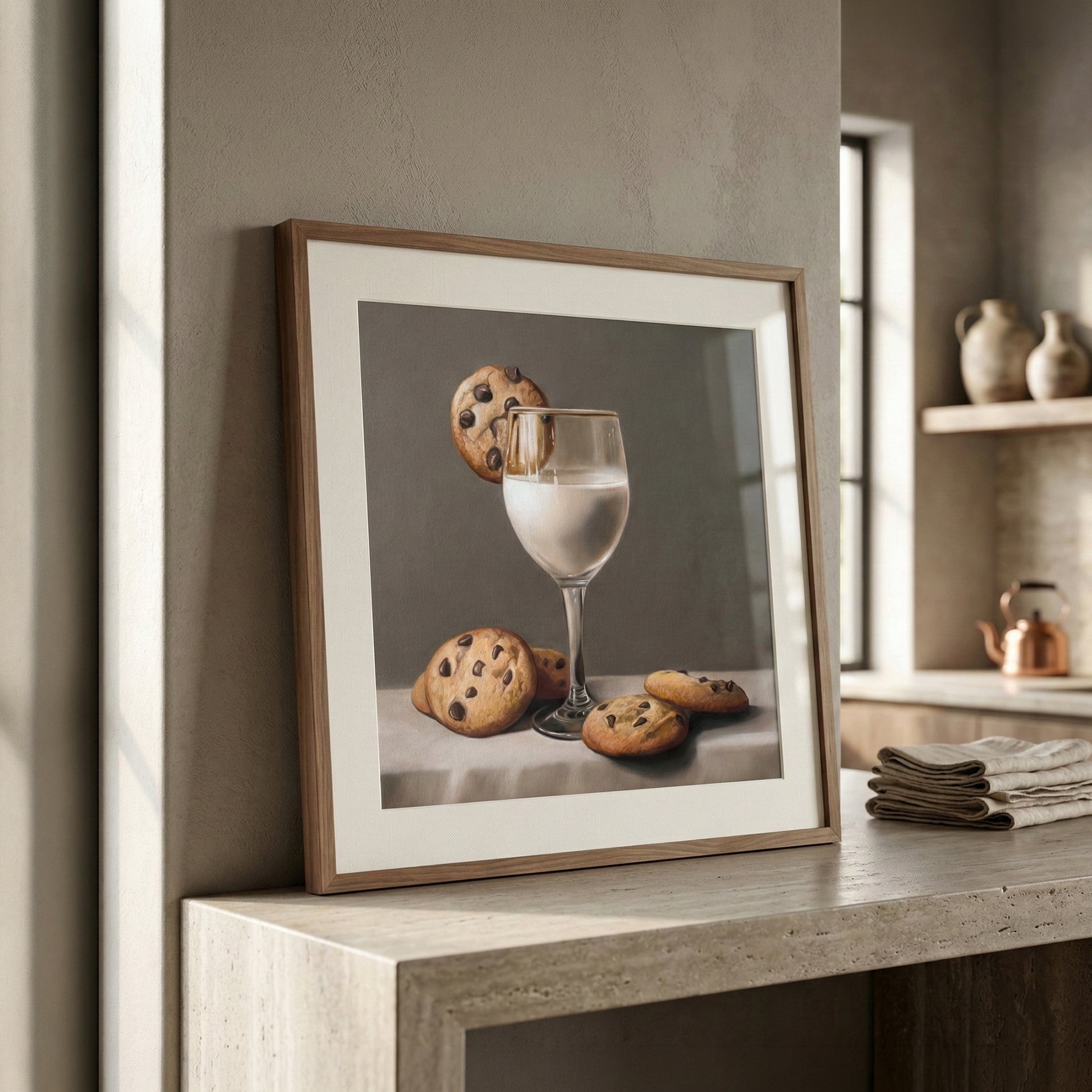 Framed "Fancy Milk & Cookies" art print featuring a glass of milk and chocolate chip cookies on a counter.