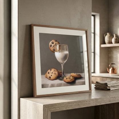 Framed "Fancy Milk & Cookies" art print featuring a glass of milk and chocolate chip cookies on a counter.