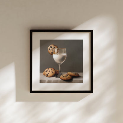 Framed fine art print of a glass of milk with chocolate chip cookies on a dark background.
