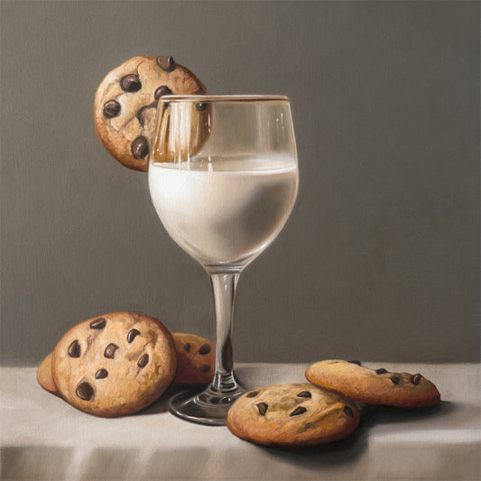 Still life painting of a glass of milk with a chocolate chip cookie on the rim, surrounded by more cookies.