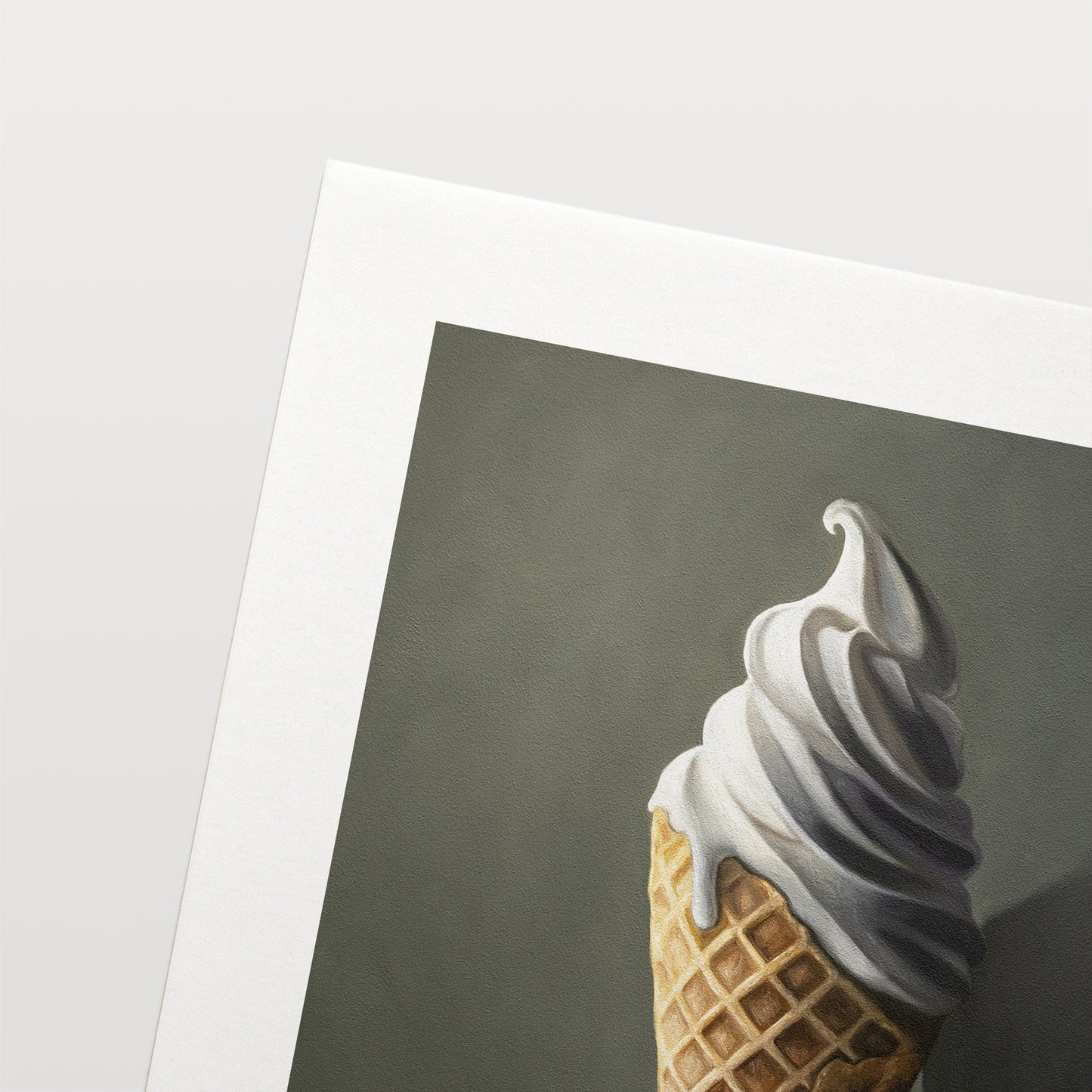 The artwork features a waffle cone packed with a plentiful portion of creamy vanilla ice cream.