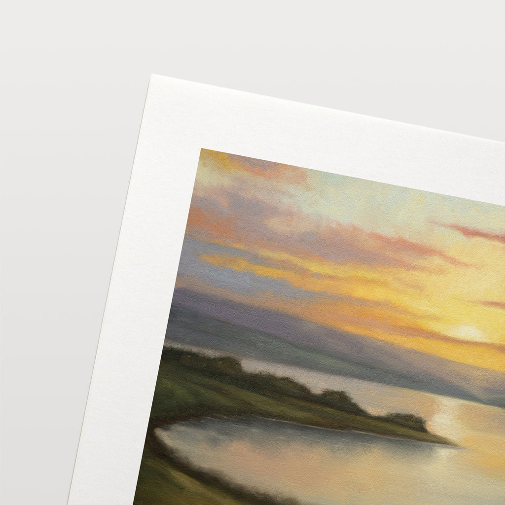 The artwork features a view of a lake landscape during a tranquil summer dawn.