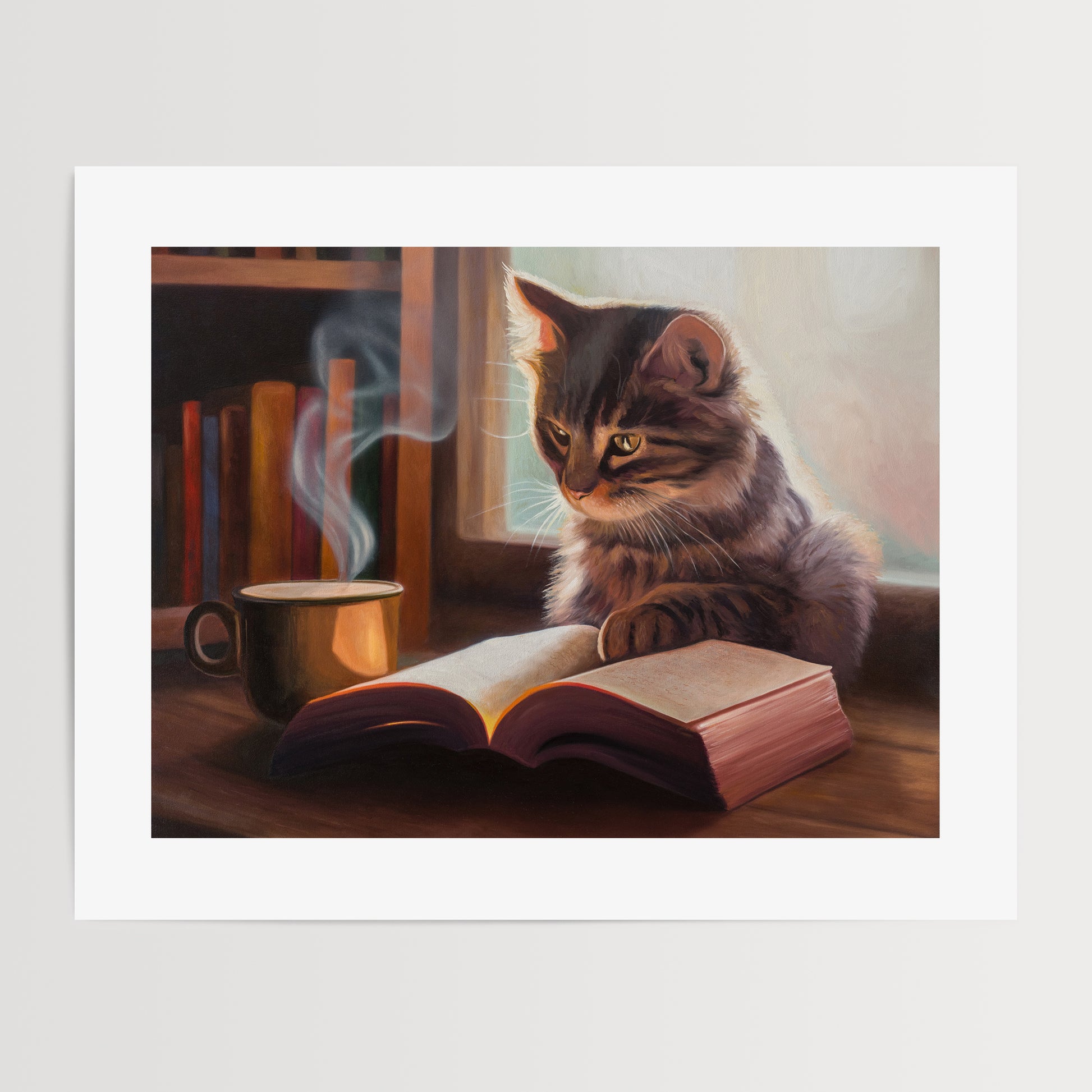 Feline Fiction Fine Art Print by Lauren Pretorius: a cat seemingly reading a book by a window and book case with a steaming cup of coffee.