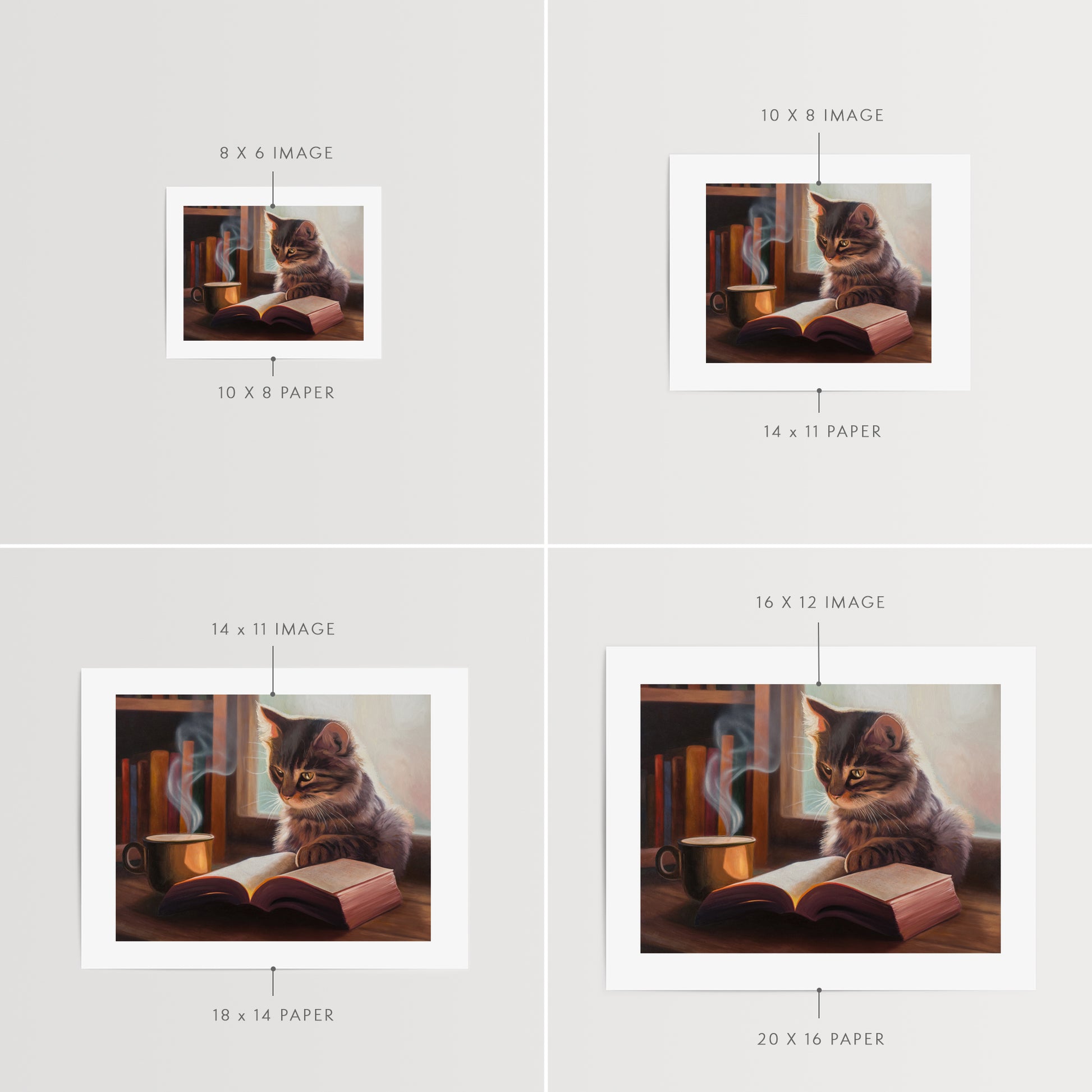 Feline Fiction Fine Art Print by Lauren Pretorius: a cat seemingly reading a book by a window and book case with a steaming cup of coffee.