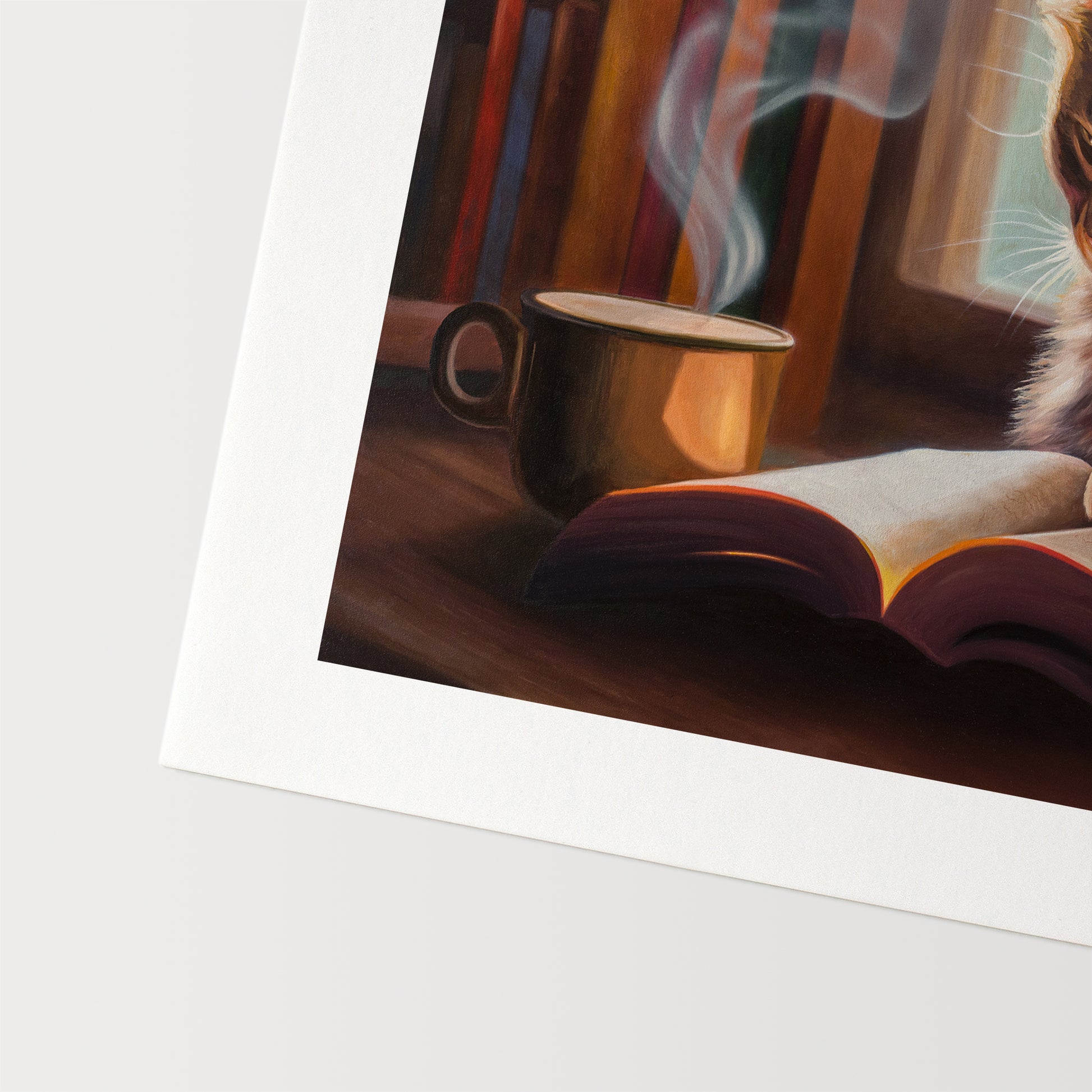 Feline Fiction Fine Art Print by Lauren Pretorius: a cat seemingly reading a book by a window and book case with a steaming cup of coffee.