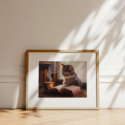 Feline Fiction Fine Art Print by Lauren Pretorius: a cat seemingly reading a book by a window and book case with a steaming cup of coffee.