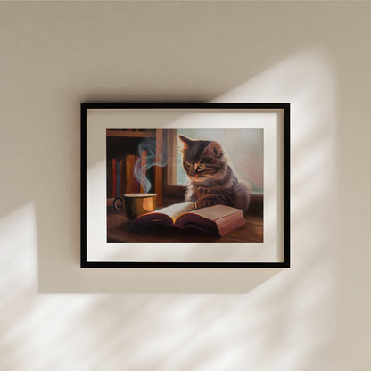 Feline Fiction Fine Art Print by Lauren Pretorius: a cat seemingly reading a book by a window and book case with a steaming cup of coffee.