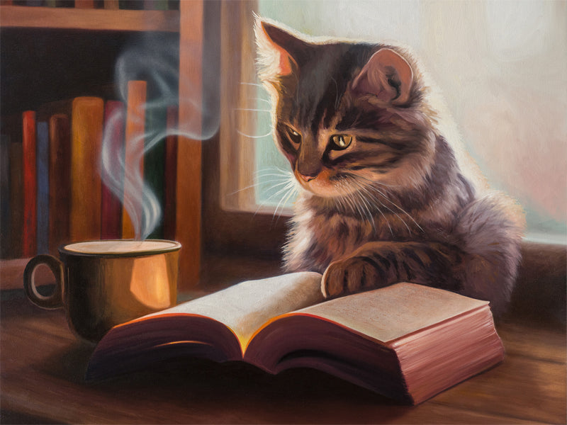 Feline Fiction Fine Art Print by Lauren Pretorius: a cat seemingly reading a book by a window and book case with a steaming cup of coffee.