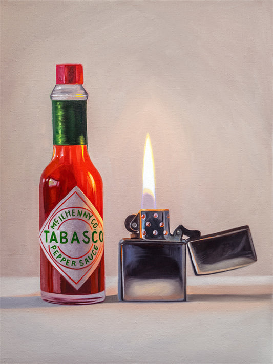 Fiery Hot Sauce Fine Art Print by Lauren Pretorius: a painting of a hot sauce bottle with a flame next to it, indicating the fiery nature of the product.