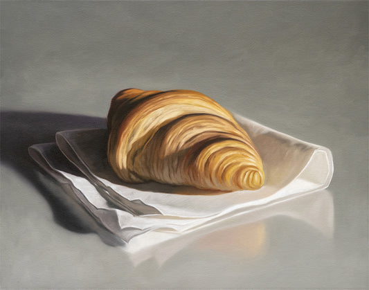 Realistic oil painting of a golden-brown croissant on a white linen napkin, against a gray background.