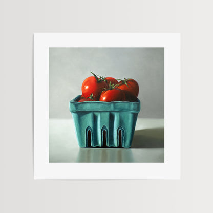 Fresh Garden Tomatoes Fine Art Print by Lauren Pretorius: a basket filled with fresh garden tomatoes, painted with archival pigment inks on 230gsm matte archival fine art paper.