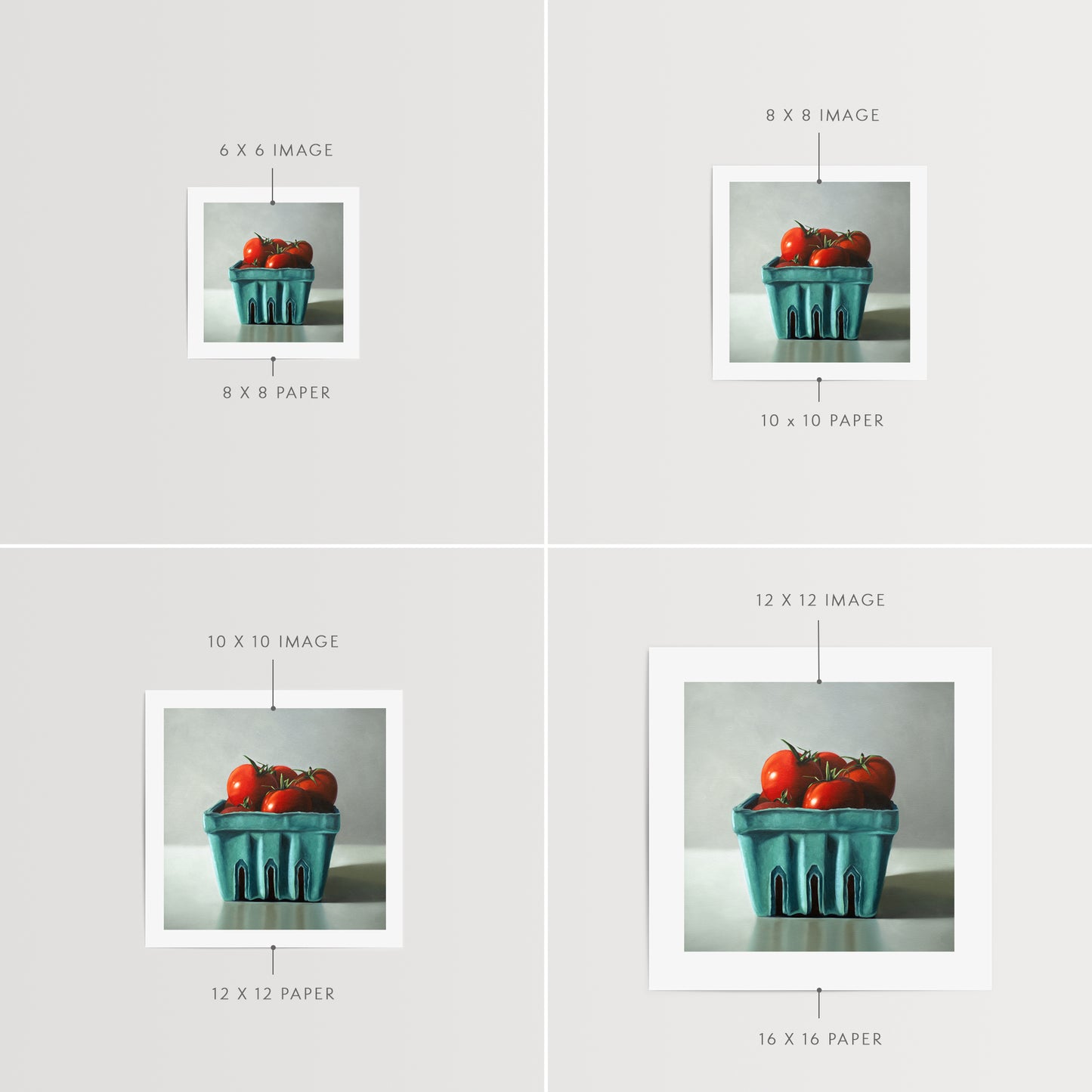 Fresh Garden Tomatoes Fine Art Print by Lauren Pretorius: a basket filled with fresh garden tomatoes, painted with archival pigment inks on 230gsm matte archival fine art paper.