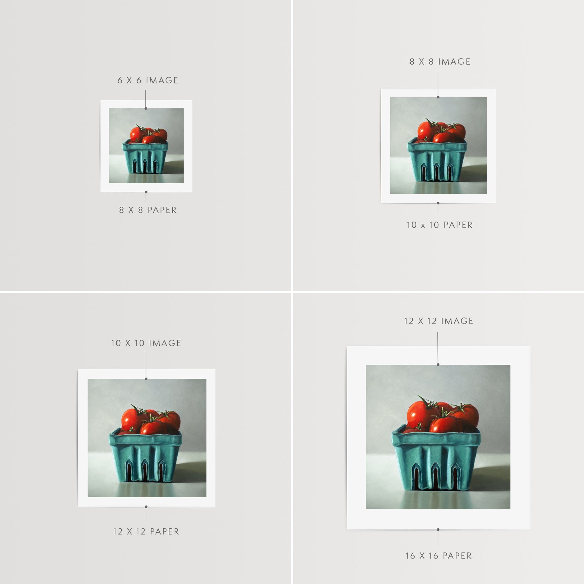 Fresh Garden Tomatoes Fine Art Print by Lauren Pretorius: a basket filled with fresh garden tomatoes, painted with archival pigment inks on 230gsm matte archival fine art paper.