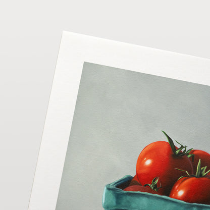 Fresh Garden Tomatoes Fine Art Print by Lauren Pretorius: a basket filled with fresh garden tomatoes, painted with archival pigment inks on 230gsm matte archival fine art paper.