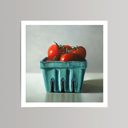 Vibrant fine art print of red tomatoes in a teal berry basket, on museum-grade cotton rag paper.