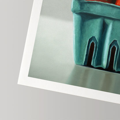Fine art print of vibrant red tomatoes in a teal berry basket, on museum-grade cotton rag paper with a white border.