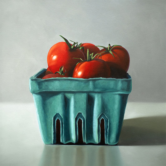 Vibrant oil painting of ripe red tomatoes in a teal berry basket, with a soft white background.