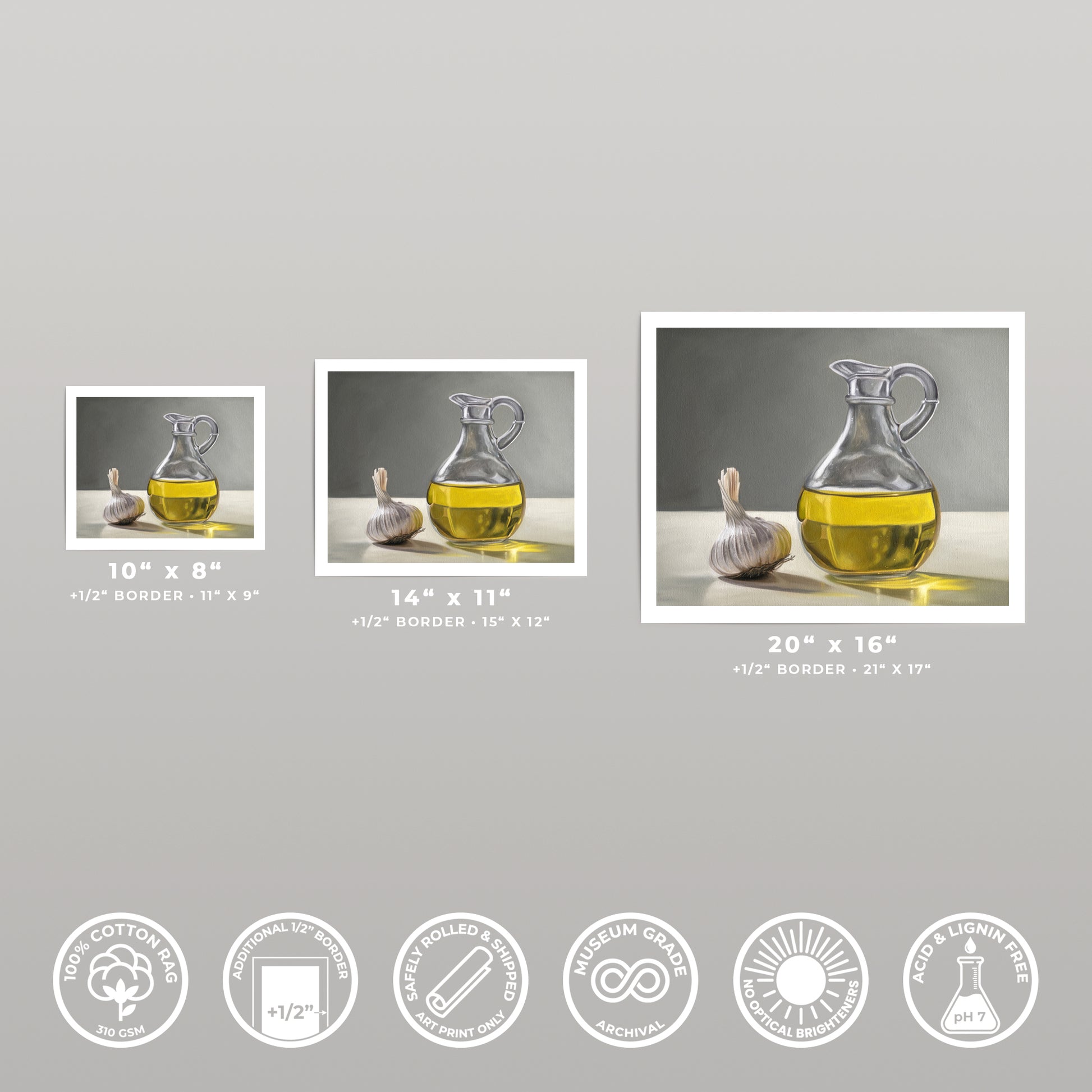 Three art prints of garlic and olive oil in a glass carafe, displayed in varying sizes.