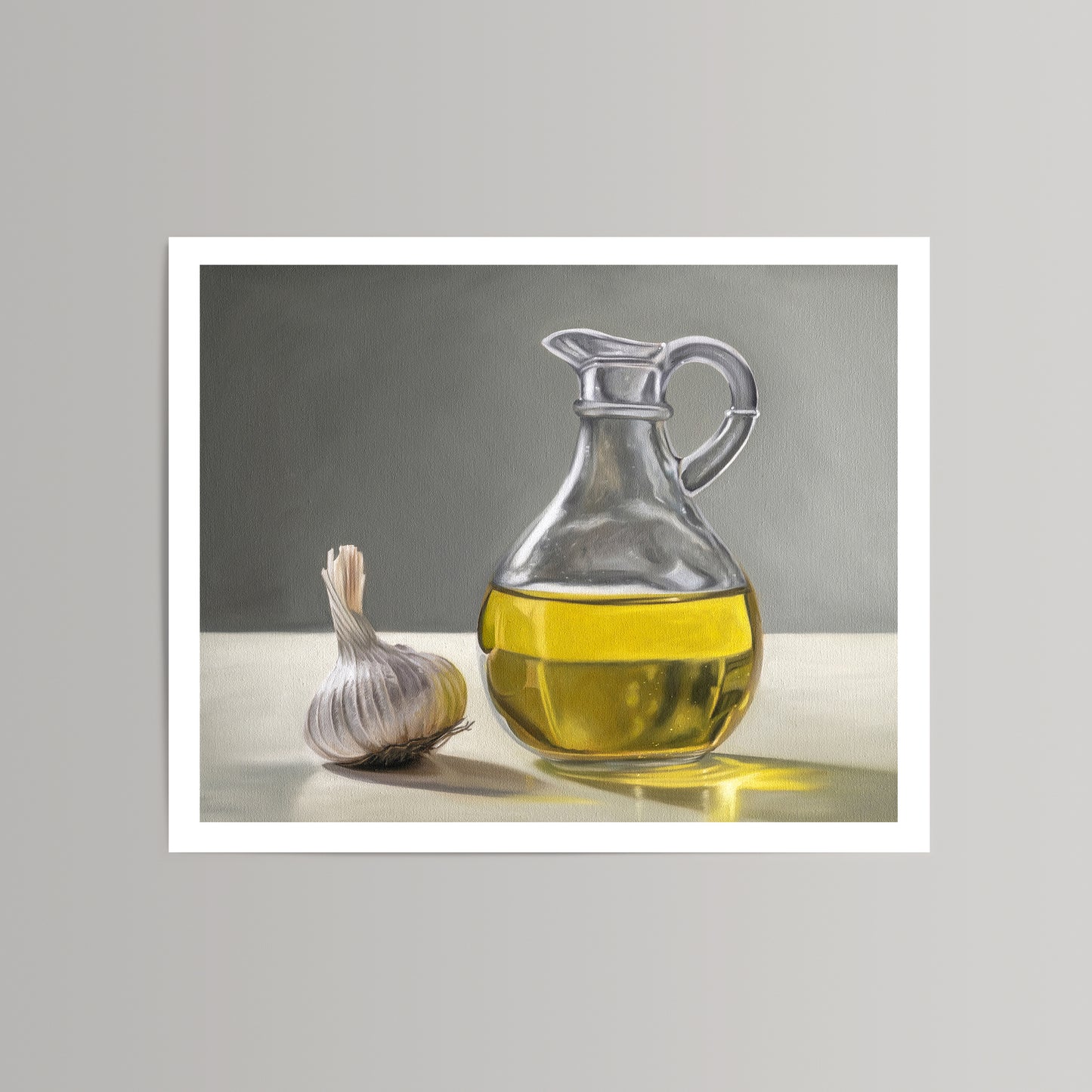 Still life print of a glass carafe filled with golden olive oil next to a head of garlic.