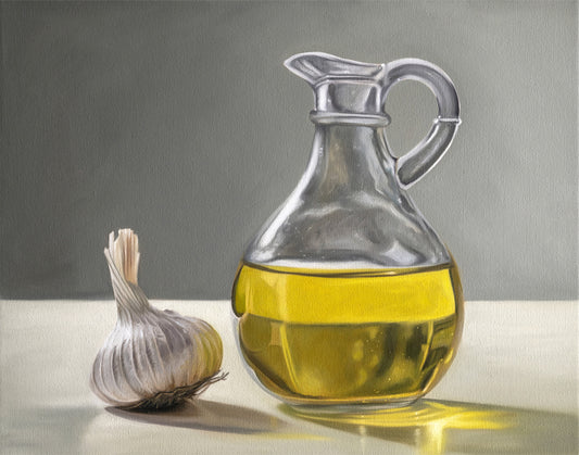 Still life painting of a clear glass cruet filled with golden olive oil next to a white garlic bulb.