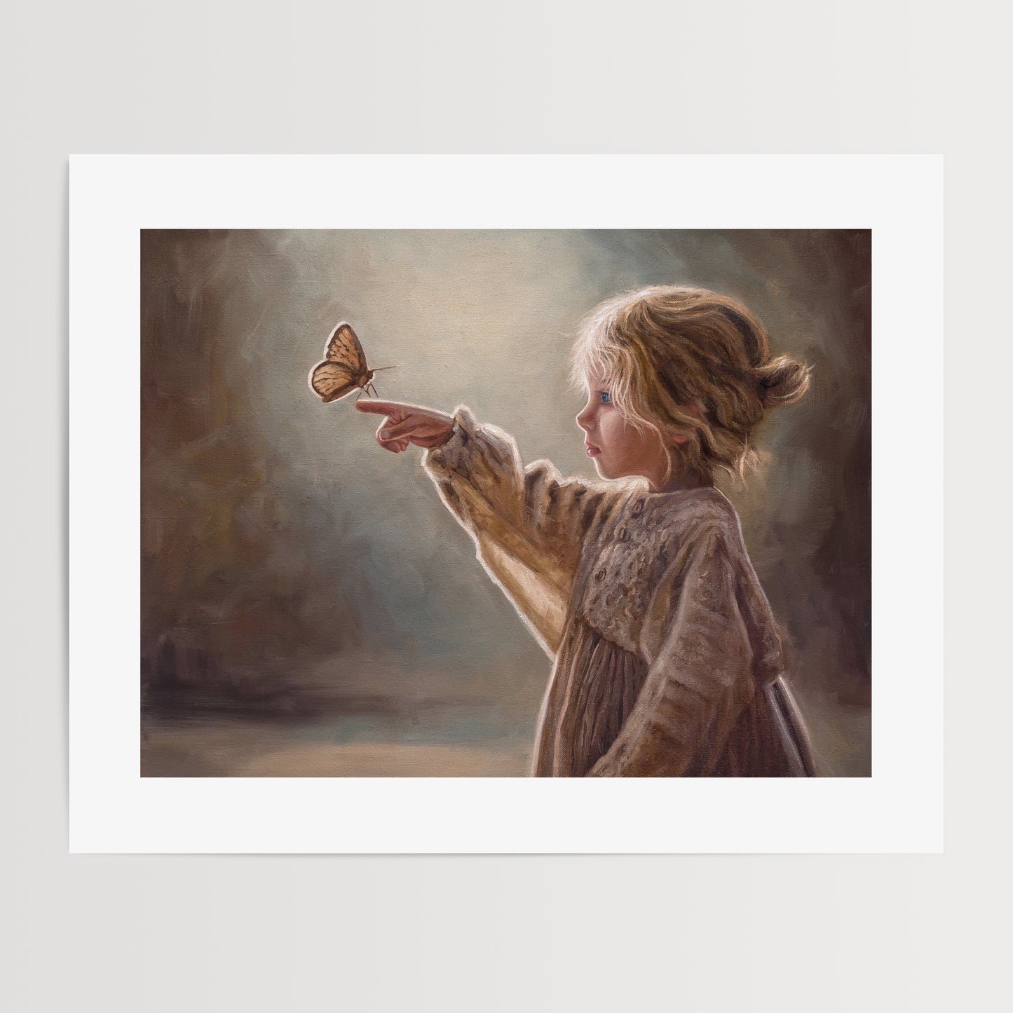 Girl with Butterfly Fine Art Print by Lauren Pretorius: a young girl reaching out to touch a butterfly against a soft, blurred background.