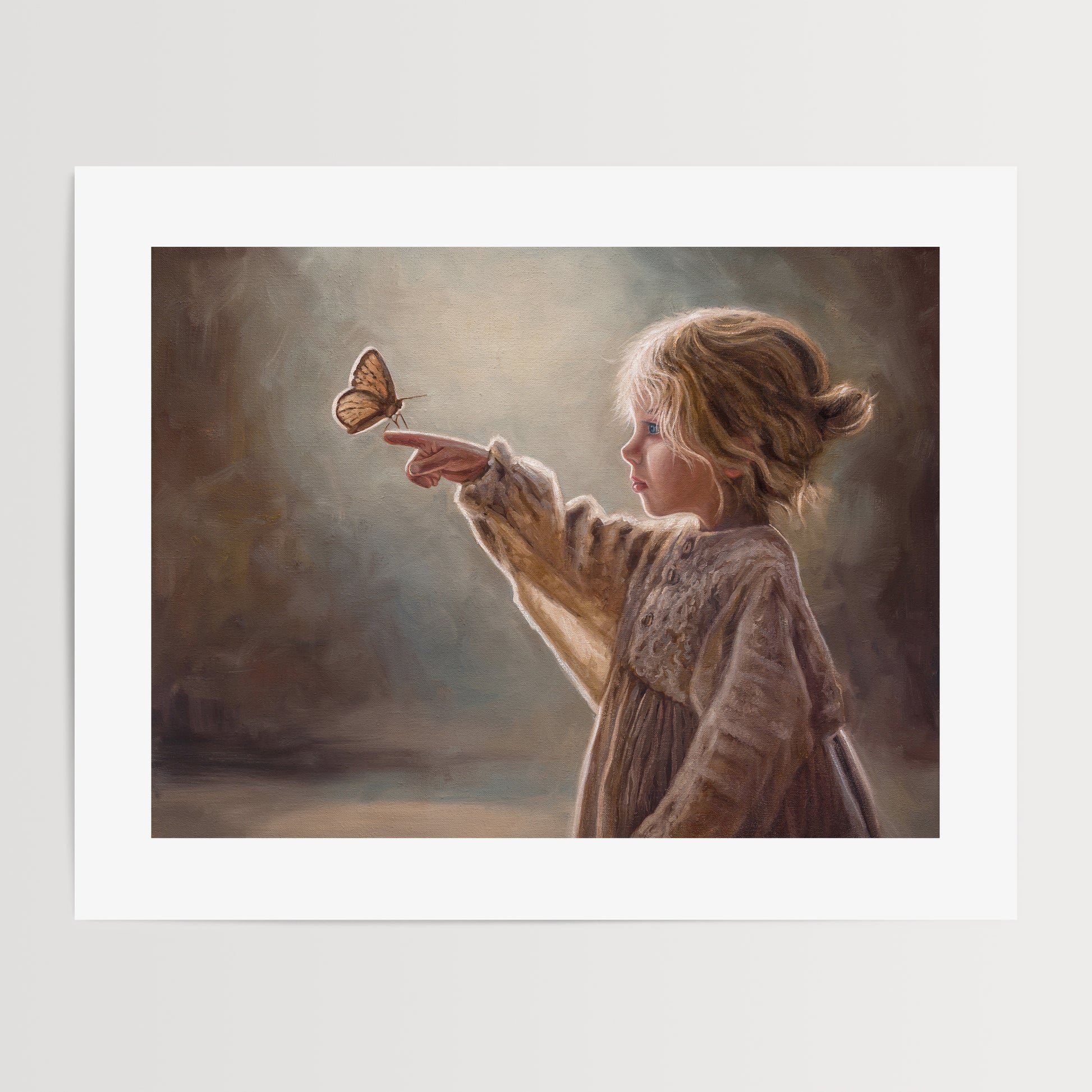 Girl with Butterfly Fine Art Print by Lauren Pretorius: a young girl reaching out to touch a butterfly against a soft, blurred background.