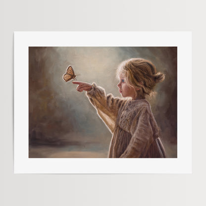Girl with Butterfly Fine Art Print by Lauren Pretorius: a young girl reaching out to touch a butterfly against a soft, blurred background.