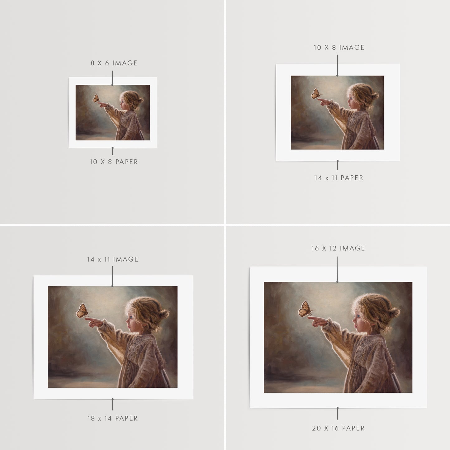 Girl with Butterfly Fine Art Print by Lauren Pretorius: a young girl reaching out to touch a butterfly against a soft, blurred background.