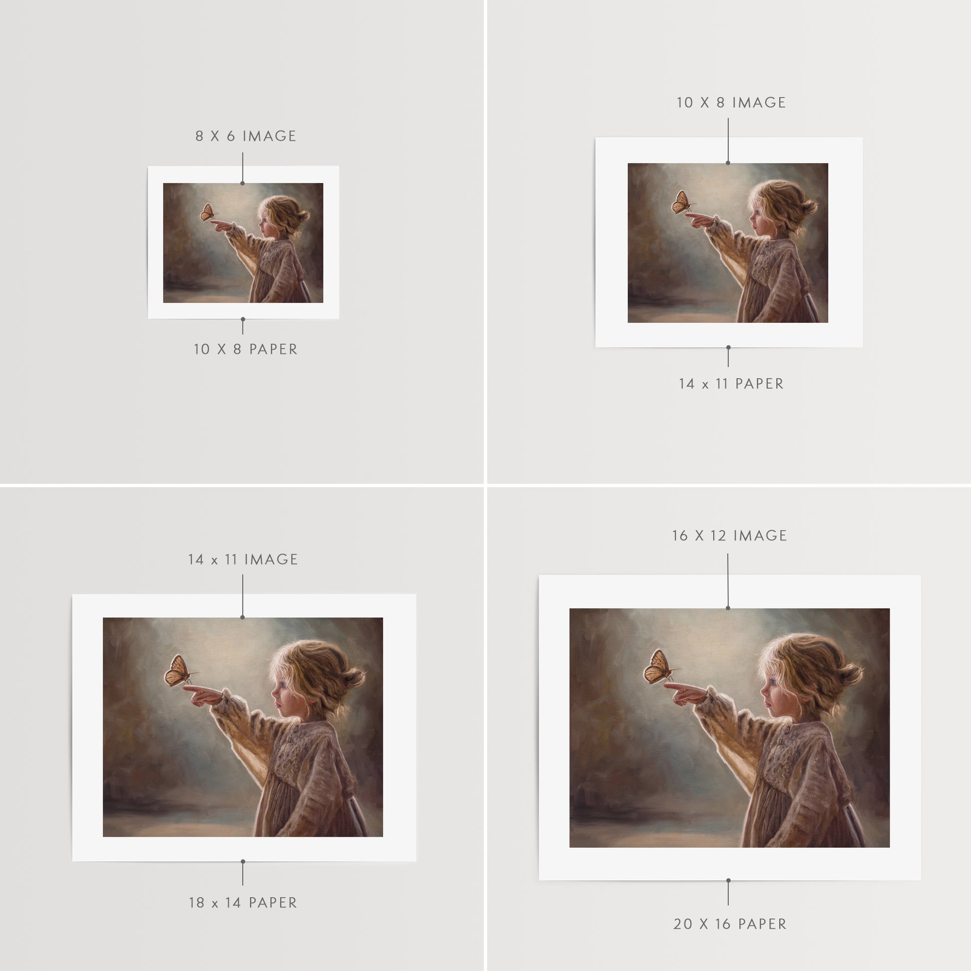 Girl with Butterfly Fine Art Print by Lauren Pretorius: a young girl reaching out to touch a butterfly against a soft, blurred background.