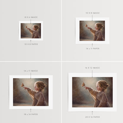 Girl with Butterfly Fine Art Print by Lauren Pretorius: a young girl reaching out to touch a butterfly against a soft, blurred background.