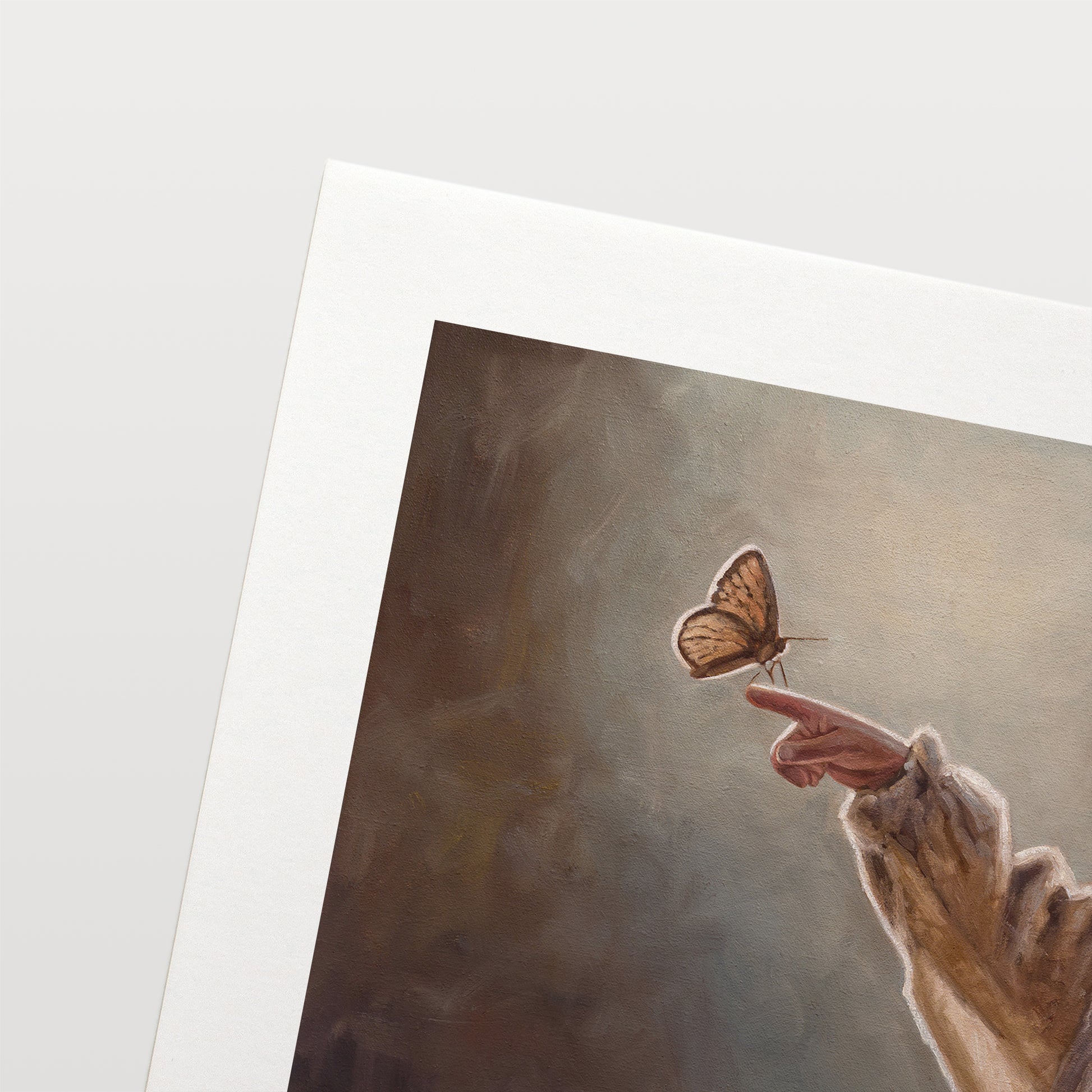 Girl with Butterfly Fine Art Print by Lauren Pretorius: a young girl reaching out to touch a butterfly against a soft, blurred background.