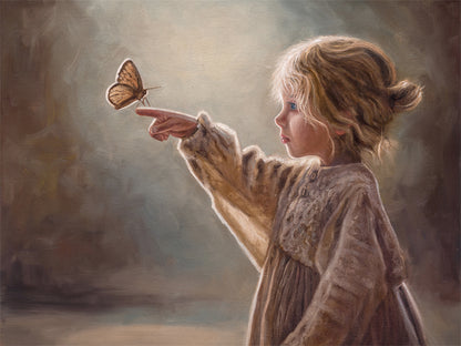 Girl with Butterfly Fine Art Print by Lauren Pretorius: a young girl reaching out to touch a butterfly against a soft, blurred background.
