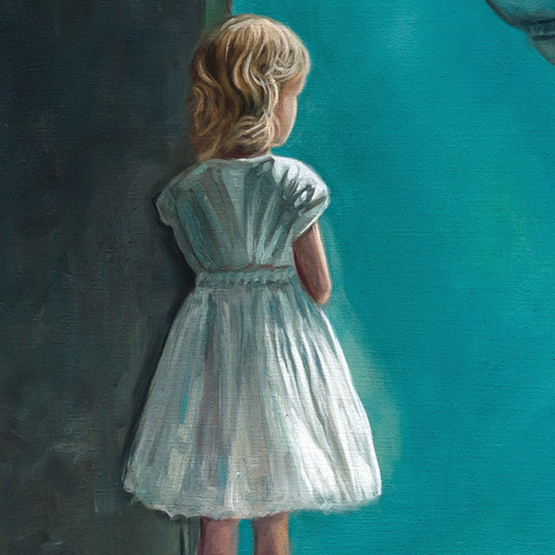 Girl with Shark 16" x 16" Original Oil Painting by Lauren Pretorius: a young girl in a dress looking at a shark in an aquarium.