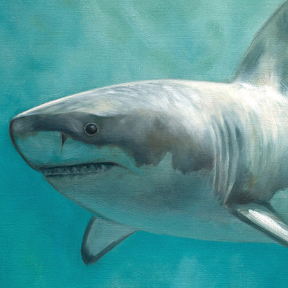 Girl with Shark 16" x 16" Original Oil Painting by Lauren Pretorius: a young girl in a dress looking at a shark in an aquarium.