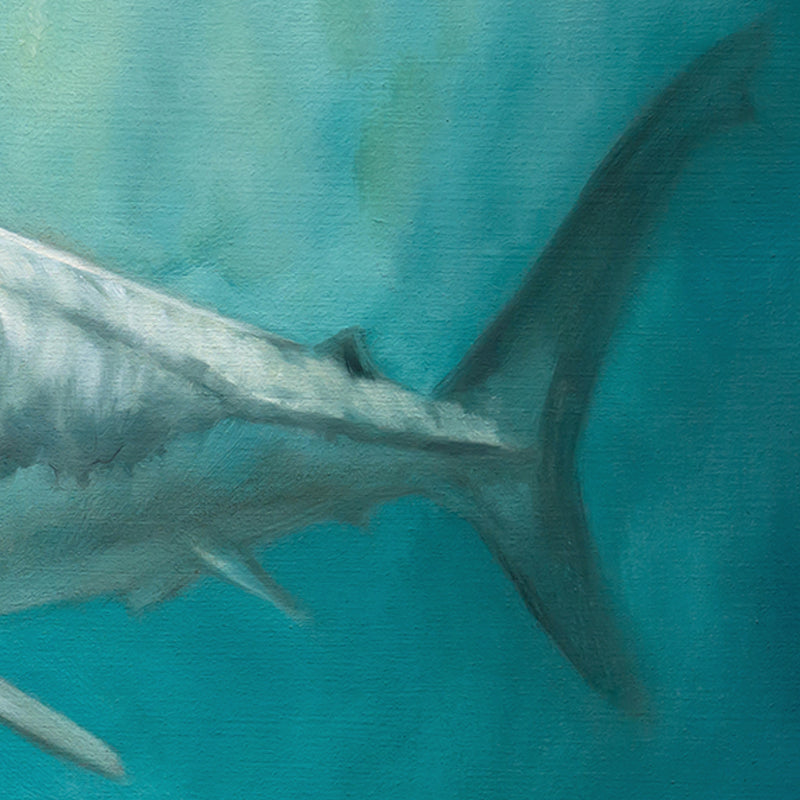 Girl with Shark 16" x 16" Original Oil Painting by Lauren Pretorius: a young girl in a dress looking at a shark in an aquarium.