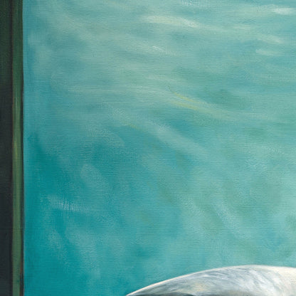 Girl with Shark 16" x 16" Original Oil Painting by Lauren Pretorius: a young girl in a dress looking at a shark in an aquarium.