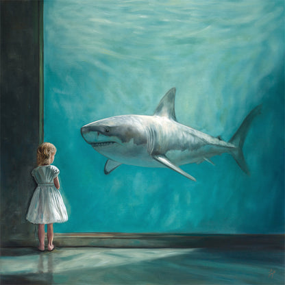 Girl with Shark 16" x 16" Original Oil Painting by Lauren Pretorius: a young girl in a dress looking at a shark in an aquarium.