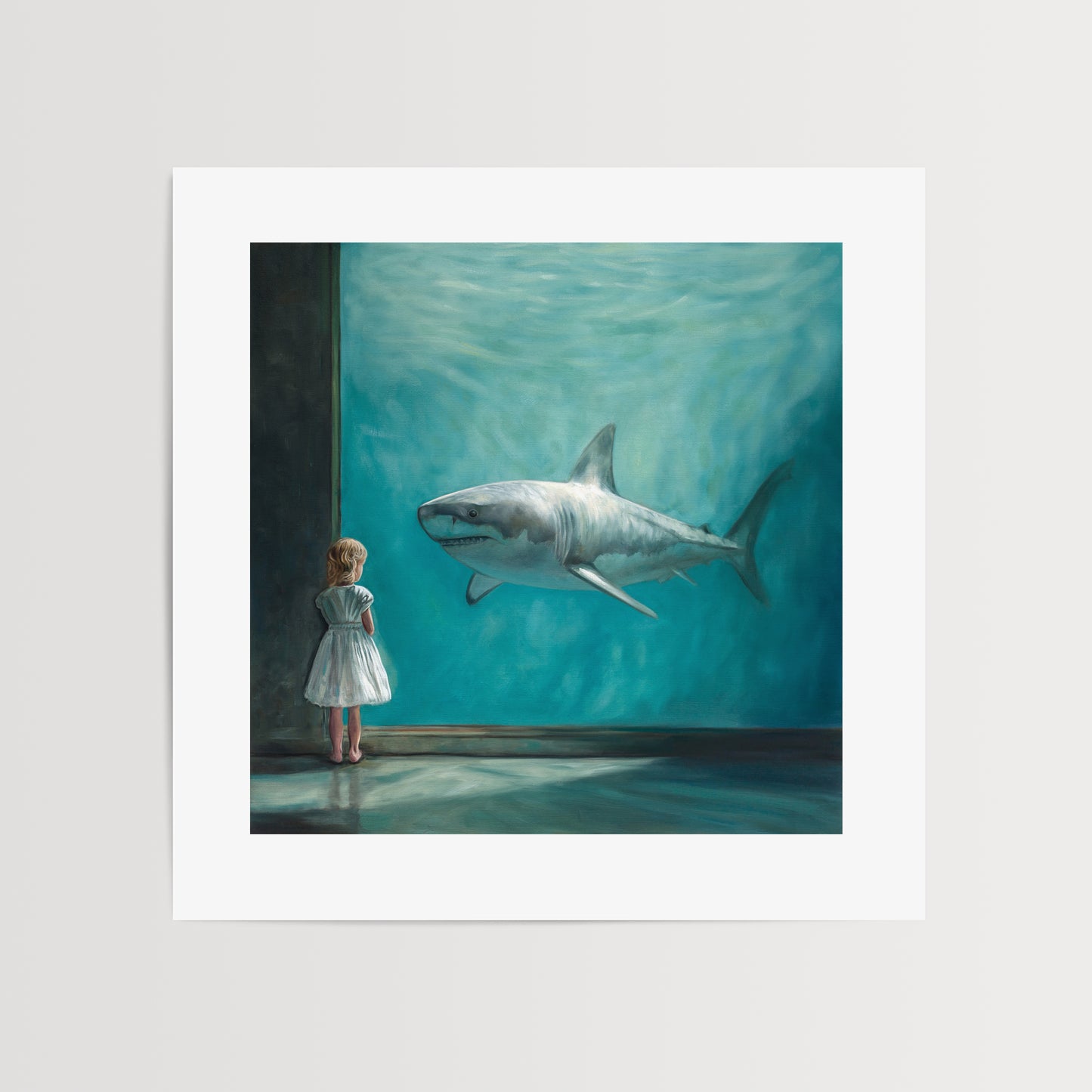 Girl with Shark Fine Art Print by Lauren Pretorius: a young girl in a dress looking at a shark in an aquarium.