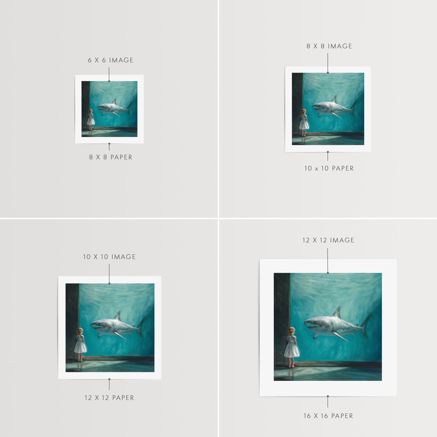 Girl with Shark Fine Art Print by Lauren Pretorius: a young girl in a dress looking at a shark in an aquarium.