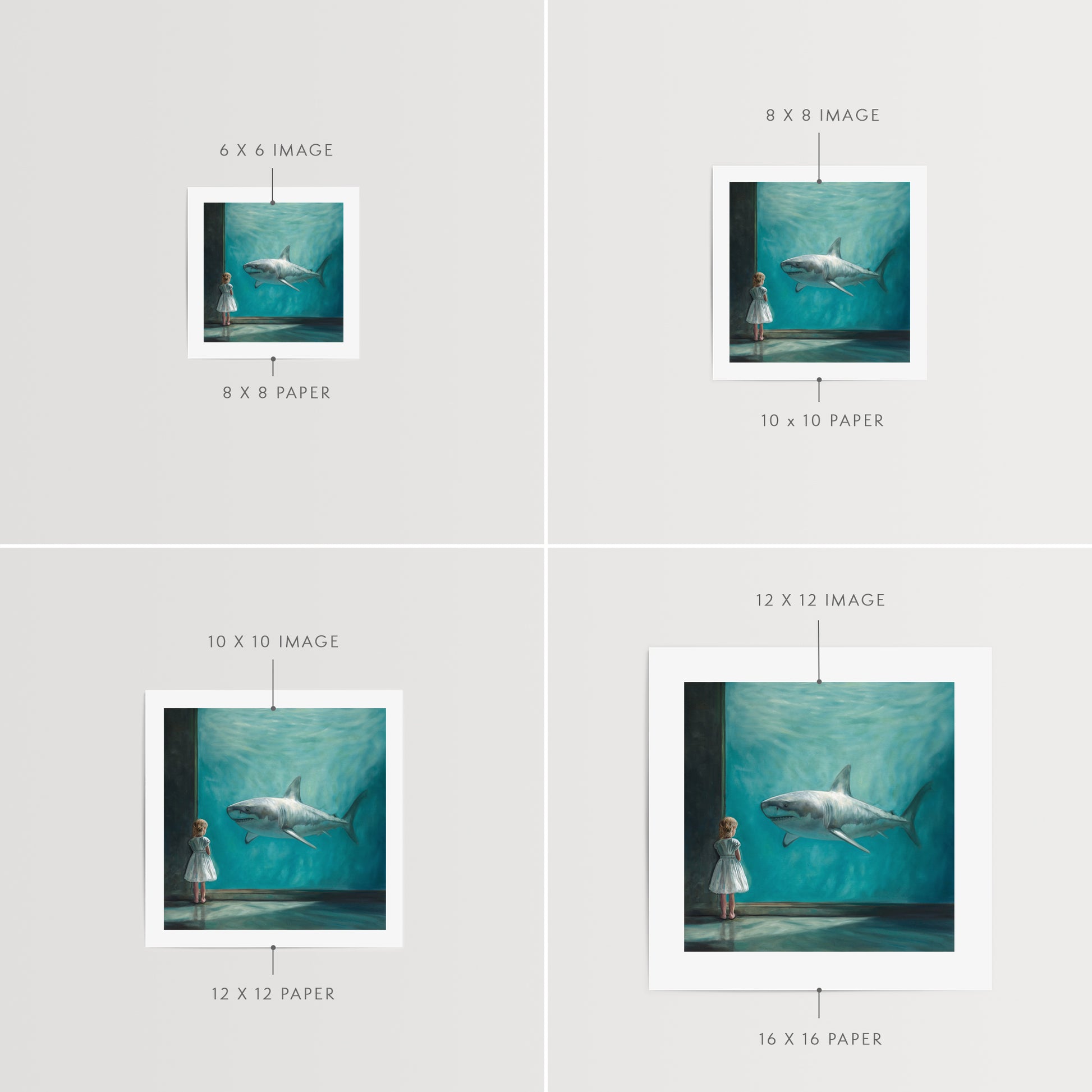 Girl with Shark Fine Art Print by Lauren Pretorius: a young girl in a dress looking at a shark in an aquarium.