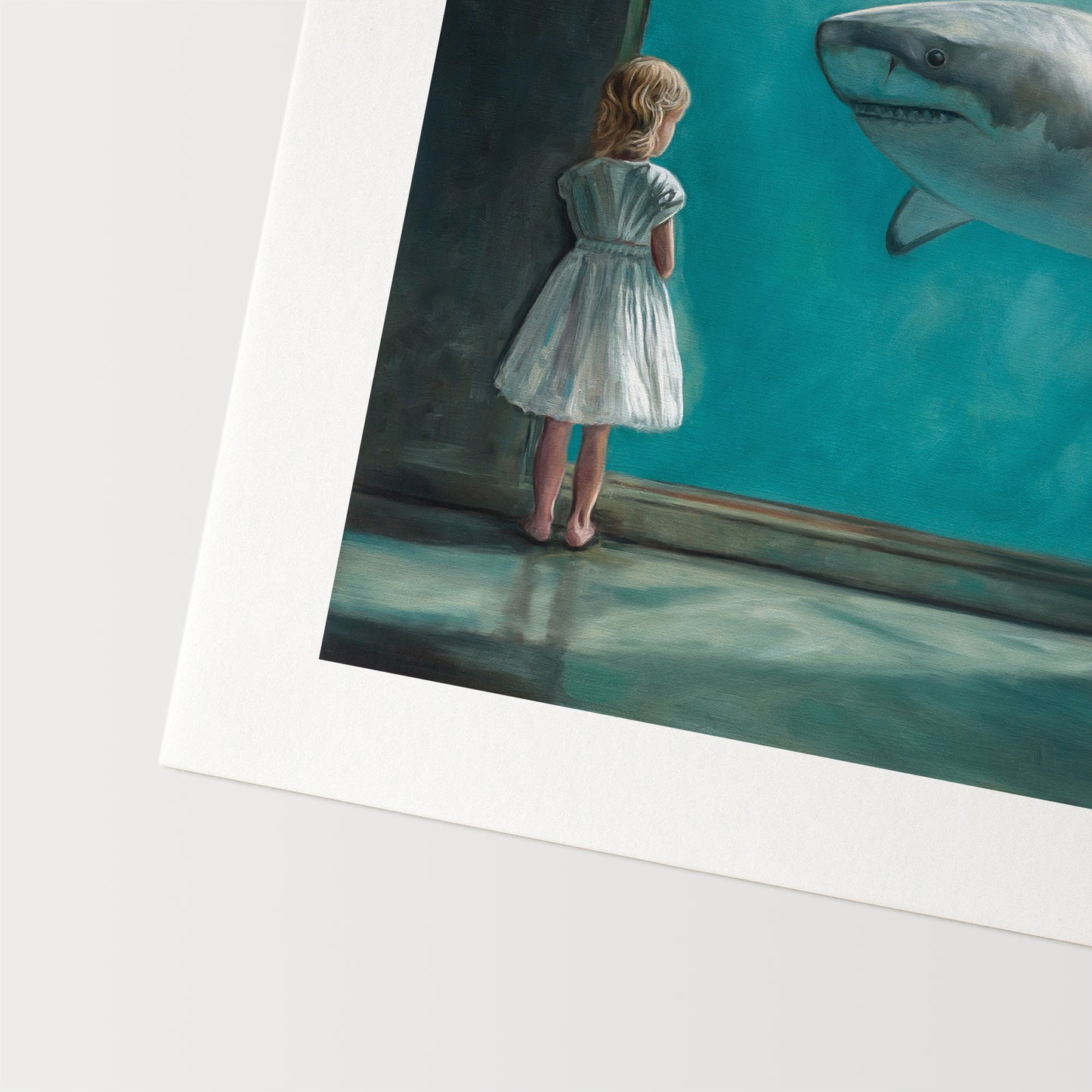 Girl with Shark Fine Art Print by Lauren Pretorius: a young girl in a dress looking at a shark in an aquarium.