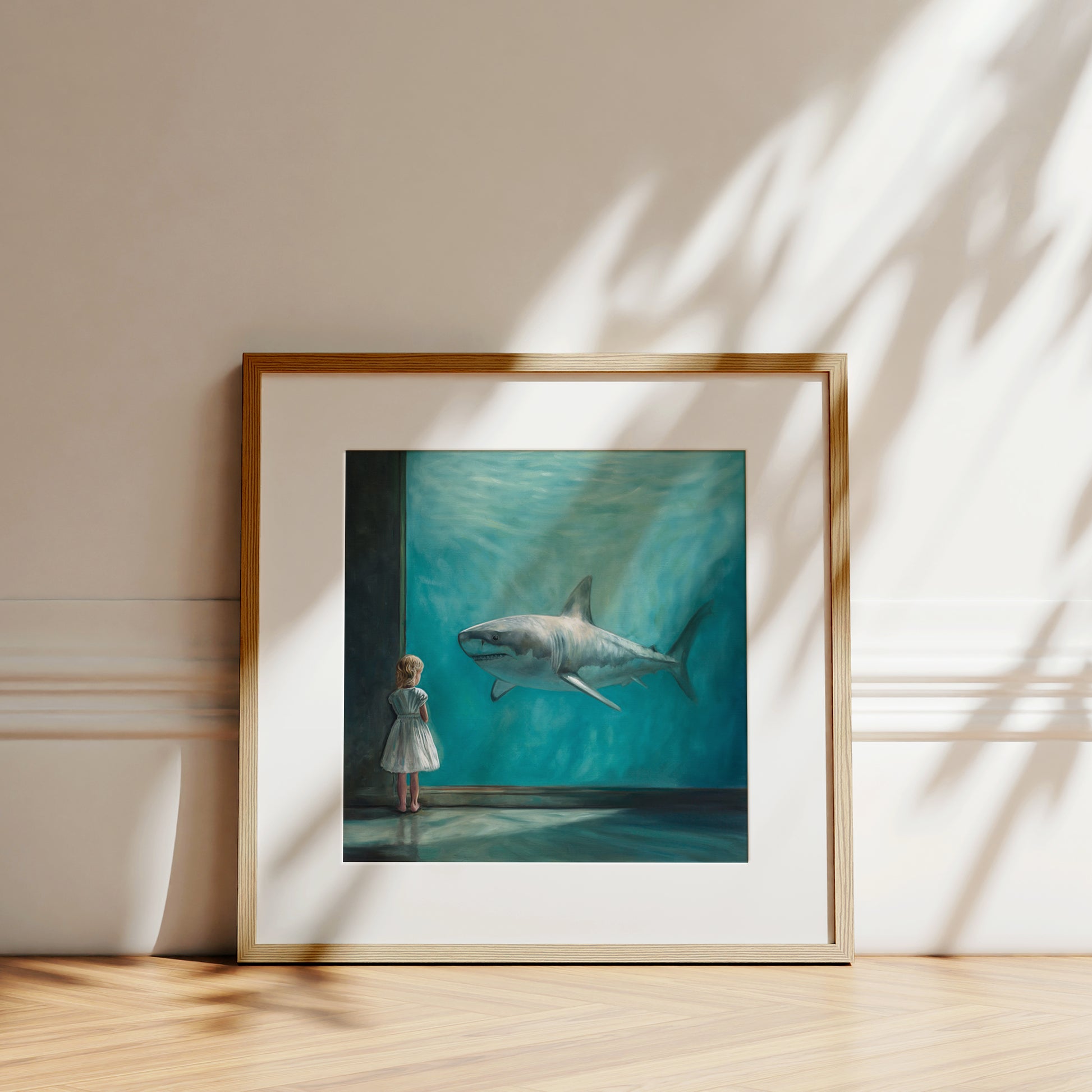 Girl with Shark Fine Art Print by Lauren Pretorius: a young girl in a dress looking at a shark in an aquarium.