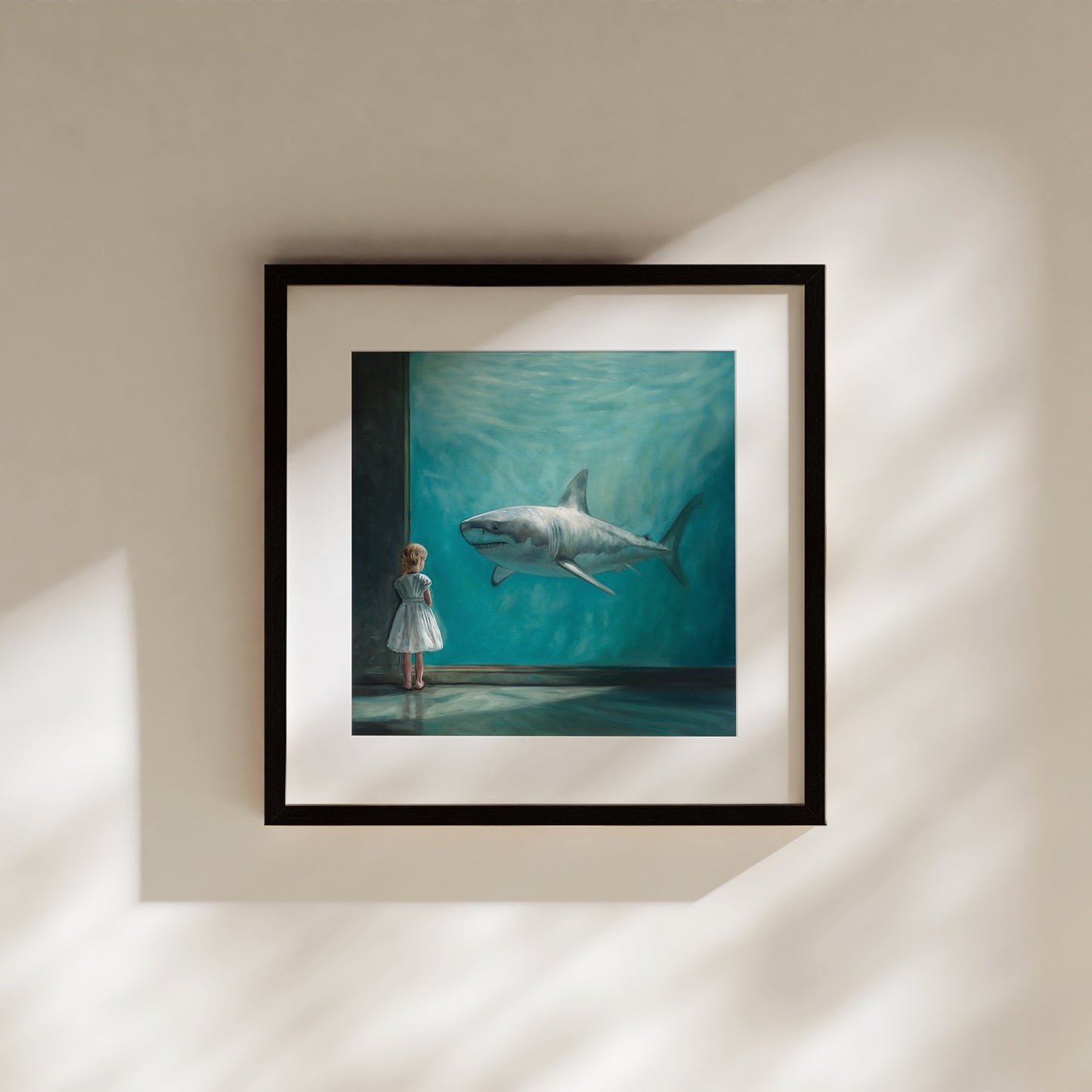 Girl with Shark Fine Art Print by Lauren Pretorius: a young girl in a dress looking at a shark in an aquarium.