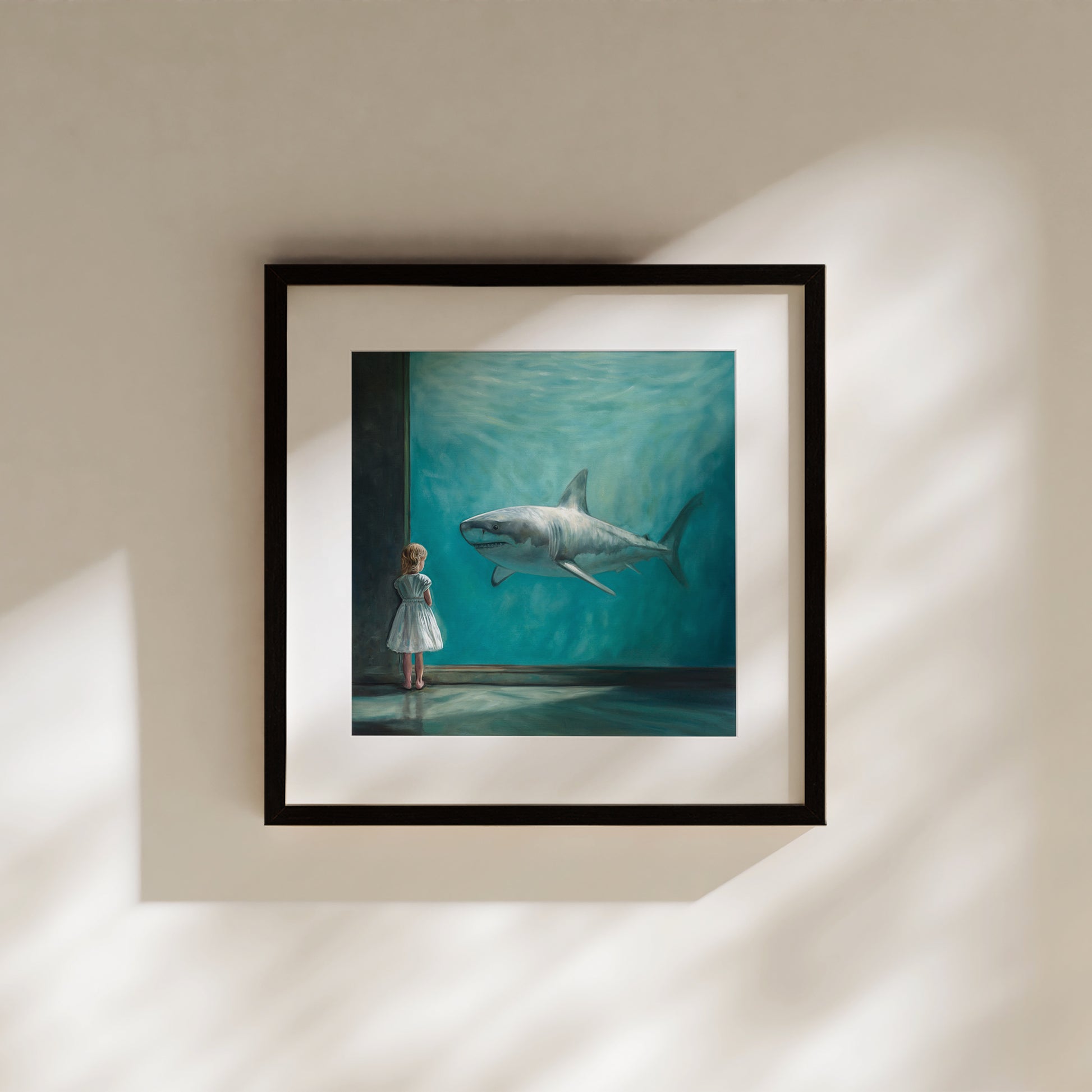 Girl with Shark Fine Art Print by Lauren Pretorius: a young girl in a dress looking at a shark in an aquarium.